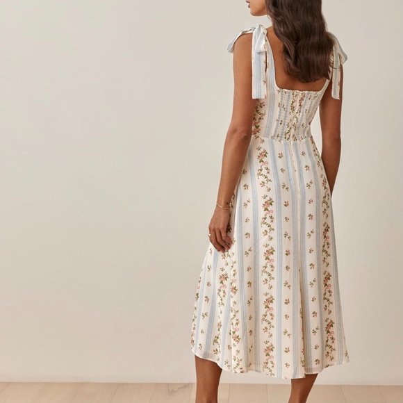Reformation Twilight Midi Dress Sz4 Surrey Blue Cream Floral Stripes Cocktail - Picture 5 of 9